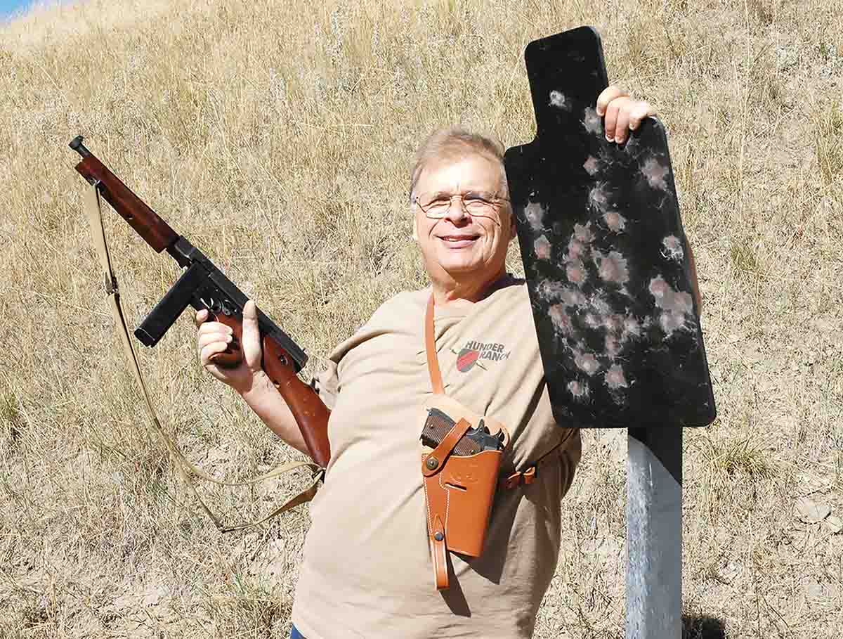 Mike has set up an informal range on his property for shooting World War II submachine guns using Action Target’s PT Torso steel plates.